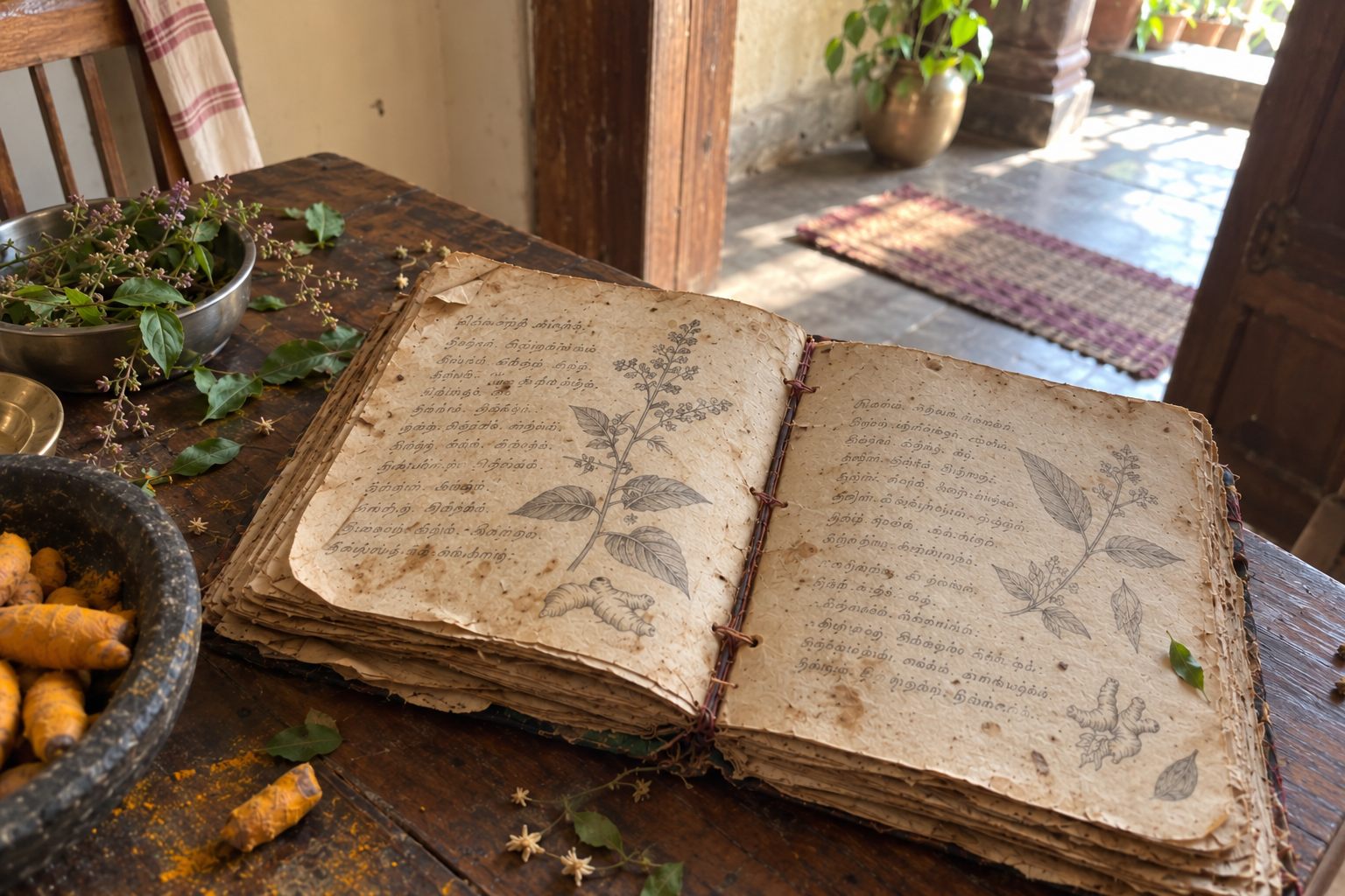 An old handwritten Tamil herbal notebook surrounded by tulsi leaves and turmeric